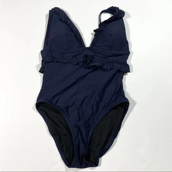 New J Crew Ruffle Deep V One Piece Swimsuit Blue - Picture 5 of 5